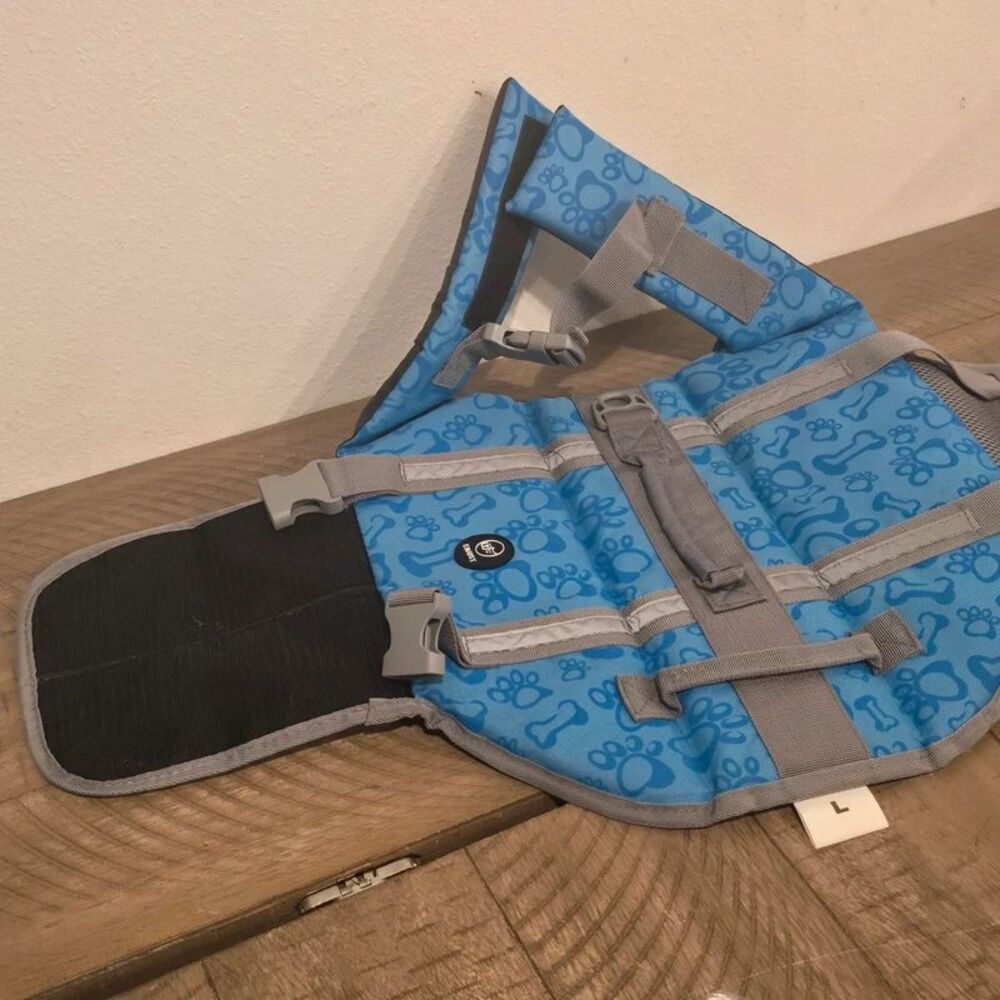 EMUST Dog Life Jacket Size Large Blue Paw Print Adjustable Reflective Pet Vest